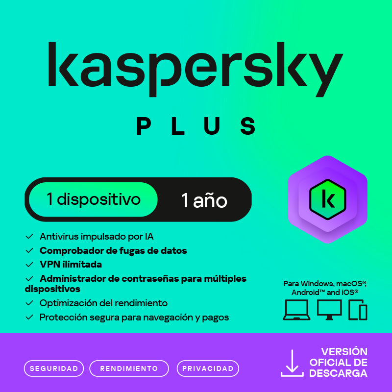 Antivirus Kaspersky Plus, para 1 PC, Lic 1 Año, Producto Virtual.