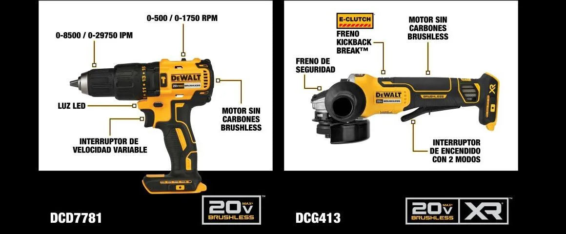 COMBO Dewalt Inalámbrico Taladro Percutor (Modelo DCD7781) + Esmeril Angular (Modelo DCG413)
