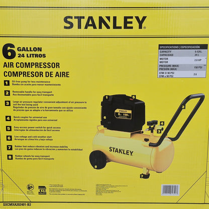 Compresor de Aire Stanley 24 Litros / 6 Gal 150 PSI Libre de Aceite (SXCMXA202401-B2)