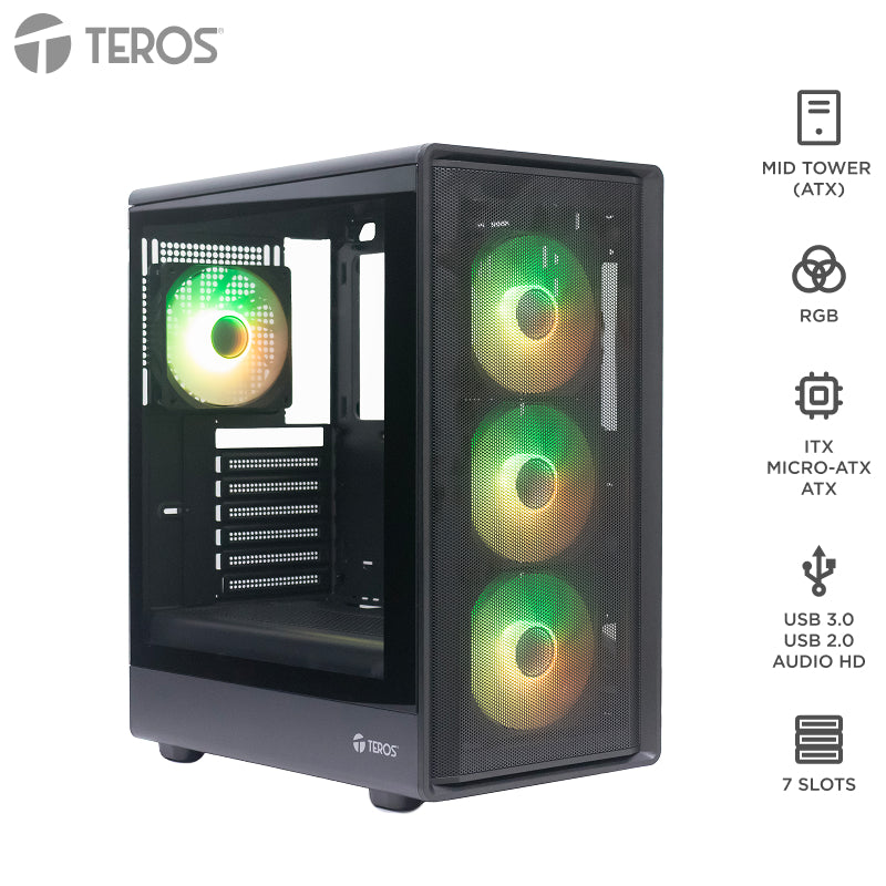 Case Sin Fuente Gamer TEROS Te-1323G, Mid Tower, ATX / Micro-ATX / ITX, USB -A, Audio