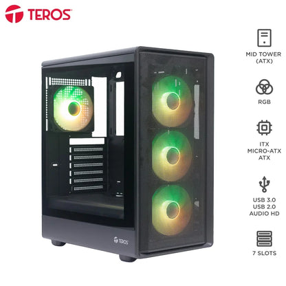 Case Sin Fuente Gamer TEROS Te-1323G, Mid Tower, ATX / Micro-ATX / ITX, USB -A, Audio
