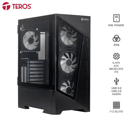 Case Sin Fuente Gamer TEROS Te-1330G, Mid Tower, E-ATX/ATX/Micro-ATX/It, USB -A, Audio