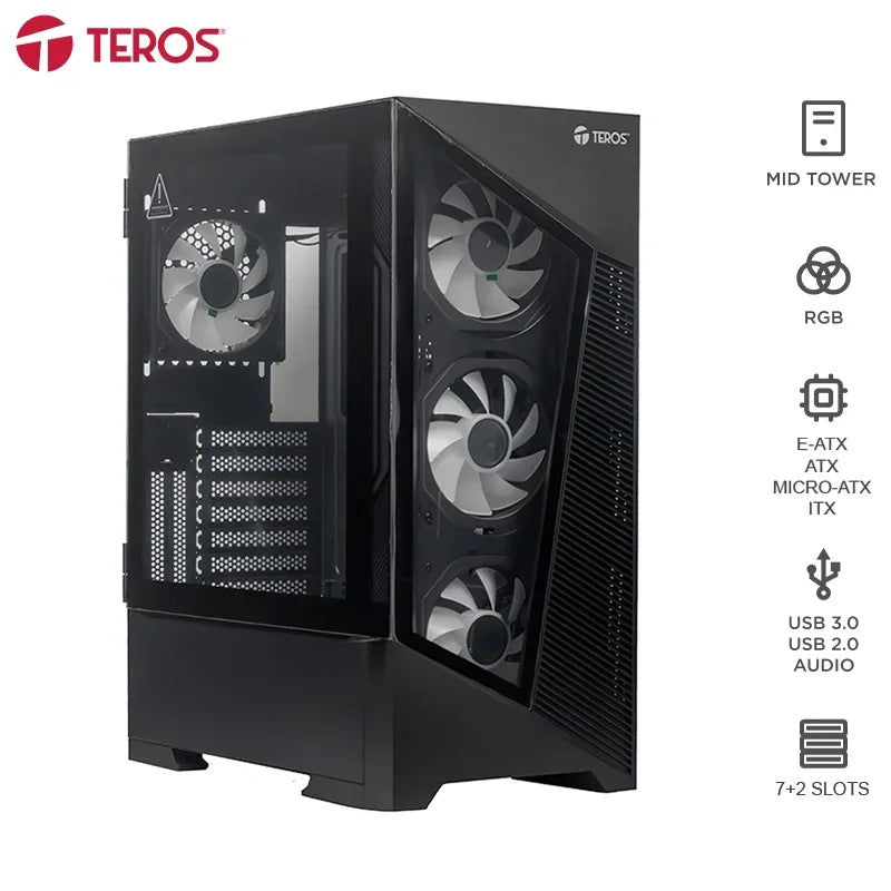 Case Sin Fuente Gamer TEROS Te-1330G, Mid Tower, E-ATX/ATX/Micro-ATX/It, USB -A, Audio