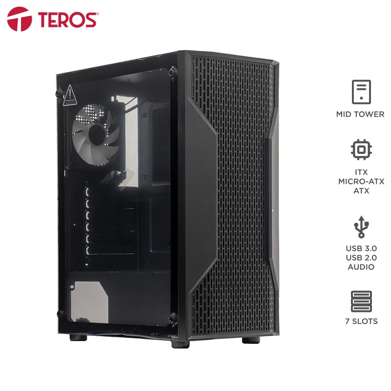Case Sin Fuente Gamer TEROS Te-1332G, Mid Tower, ITX/Micro-ATX/ATX, USB -A, Audio