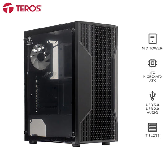 Case Sin Fuente Gamer TEROS Te-1332G, Mid Tower, ITX/Micro-ATX/ATX, USB -A, Audio