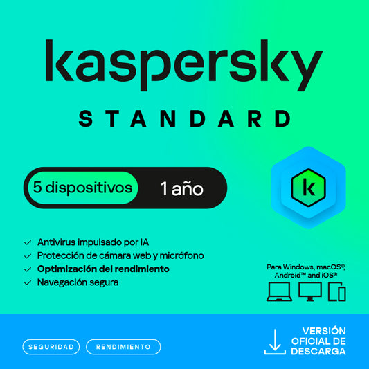 Antivirus Kaspersky Standard, para 5 PCs, Lic 1 Año, Producto Virtual.