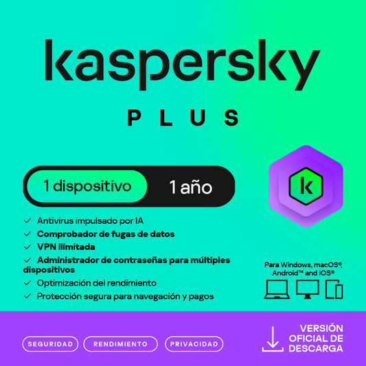 Antivirus Kaspersky Plus, para 1 PC, Lic 1 Año, Producto Virtual.
