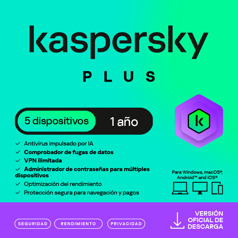 Antivirus Kaspersky Plus, para 5 PCs, Lic 1 Año, Producto Virtual.