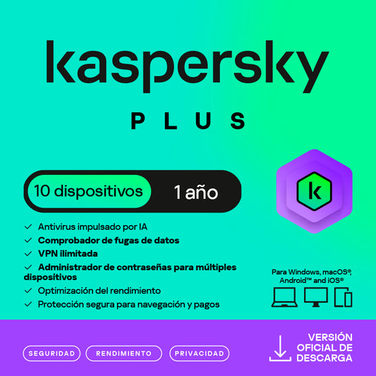 Antivirus Kaspersky Plus, para 10 PCs, Lic 1 Año,Producto Virtual.