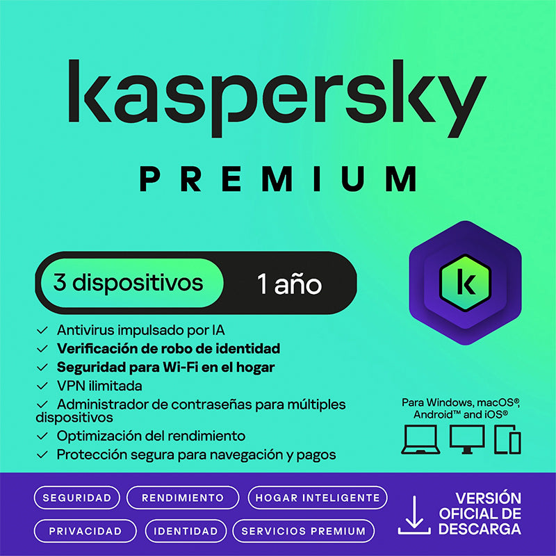 Antivirus Kaspersky Premium, para 3 PCs, Lic 1 Año, Producto Virtual.