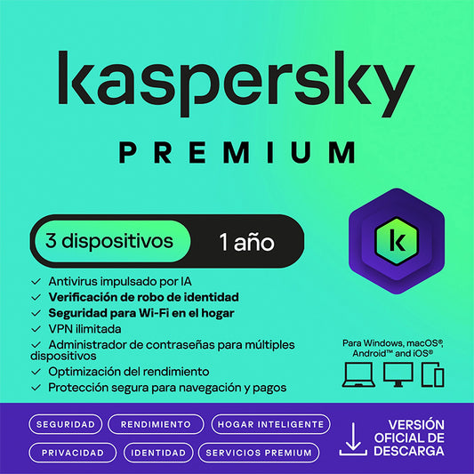 Antivirus Kaspersky Premium, para 3 PCs, Lic 1 Año, Producto Virtual.