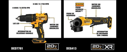 COMBO Dewalt Inalámbrico Taladro Percutor (Modelo DCD7781) + Esmeril Angular (Modelo DCG413)